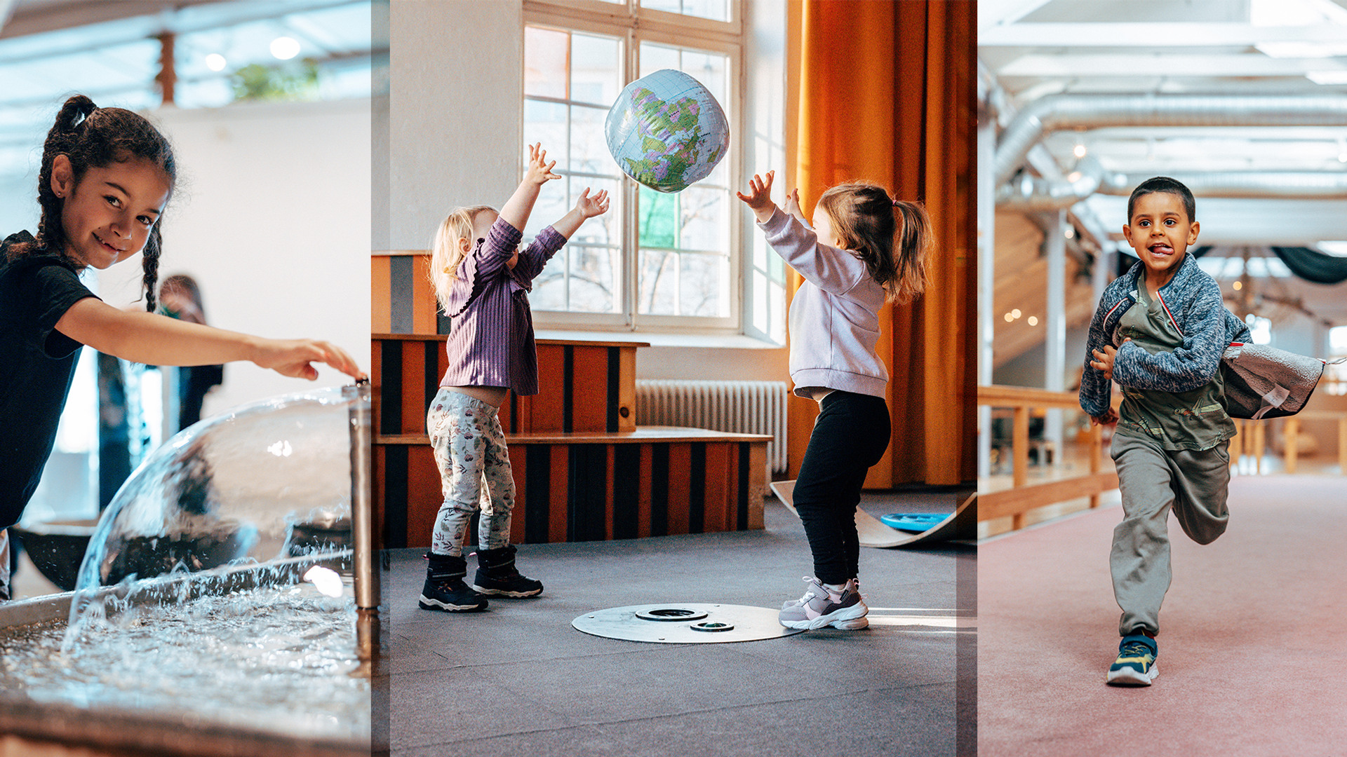 Tre bilder i ett collage på barn som experimenterar på Tom Tits Experiment