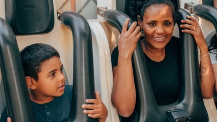 Child and adult in free fall 