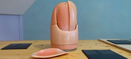 A wooden table with a model of a fingertip on it.