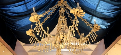 A replica of a chandelier of human bones hanging from the ceiling of a building.