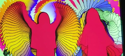 A colorful illustration of two people standing in front of an umbrella.