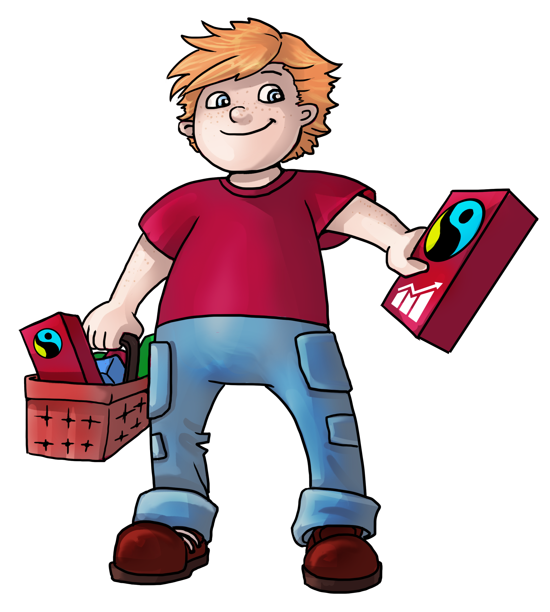 Illustration. A child is holding a basket of Fairtrade-labeled boxes.