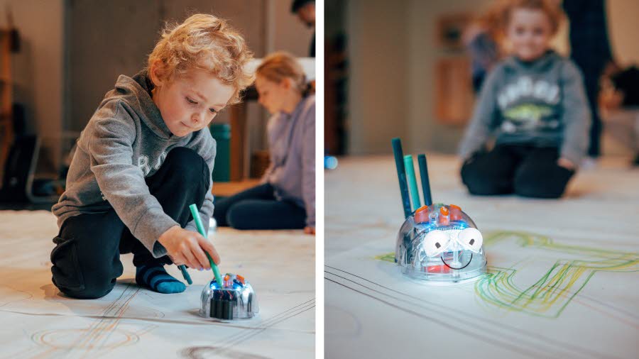 Två bilder av pojke som ritar med ritrobot