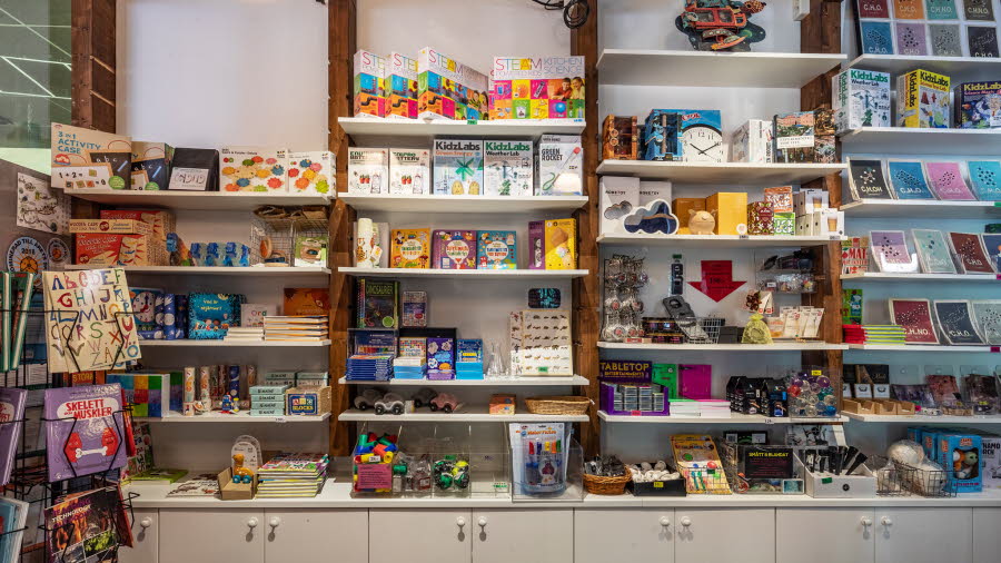 Shelves with different products in the shop