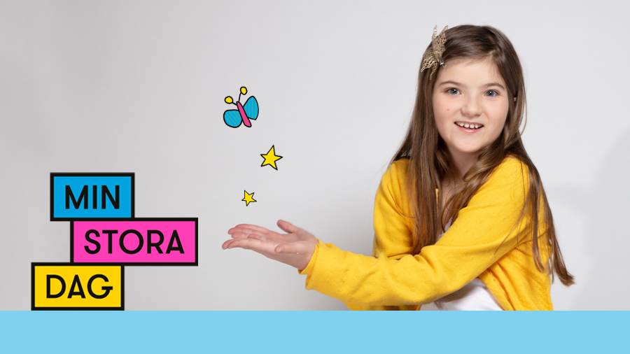 A girl is holding up her hand, cartoon stars and butterfly, My Special Day's logo.