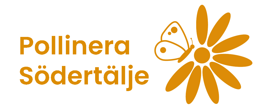 Orange logga med en blomma och en fjäril för Pollinera Södertälje