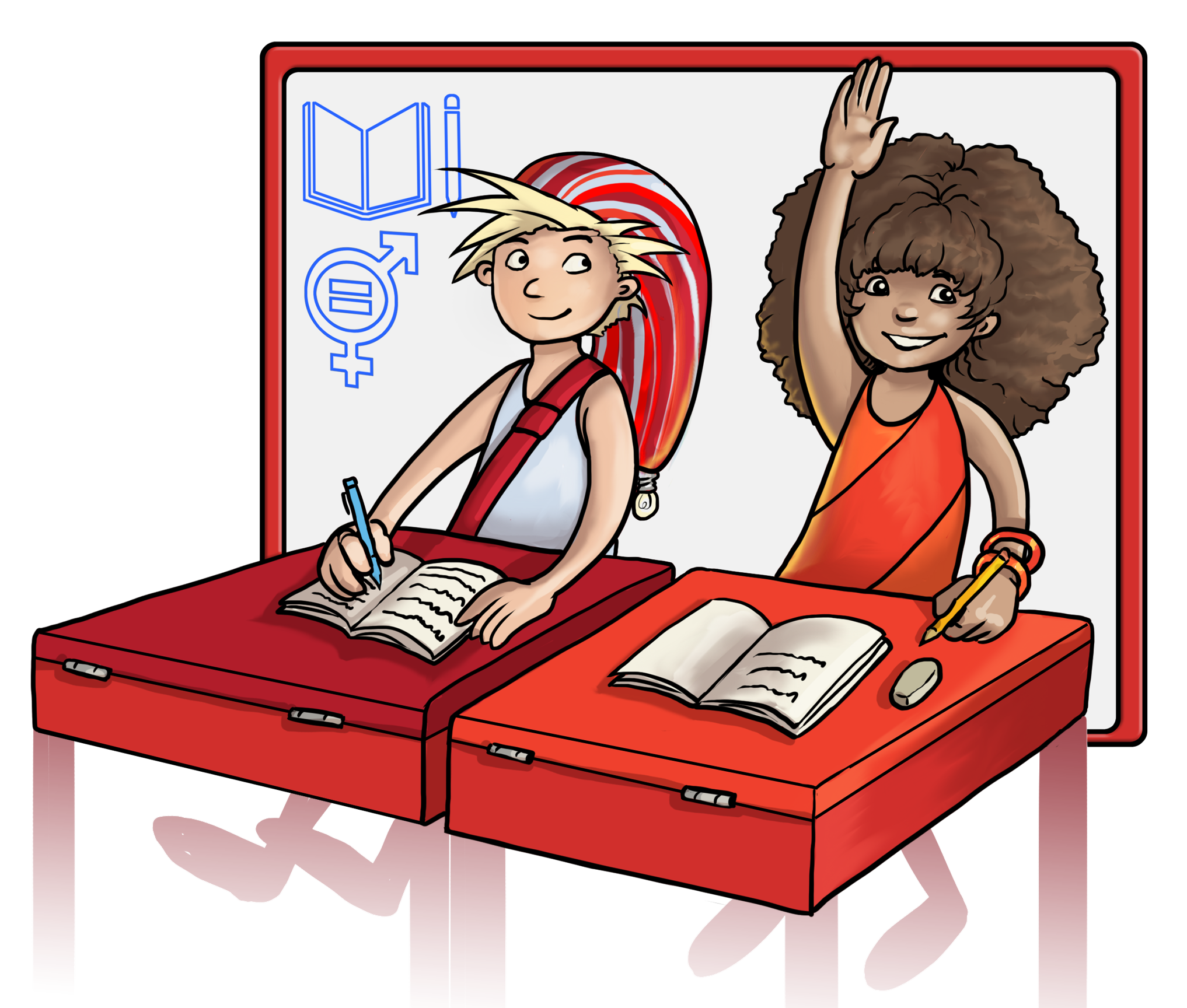 Illustration. Two children are sitting in a school bench.