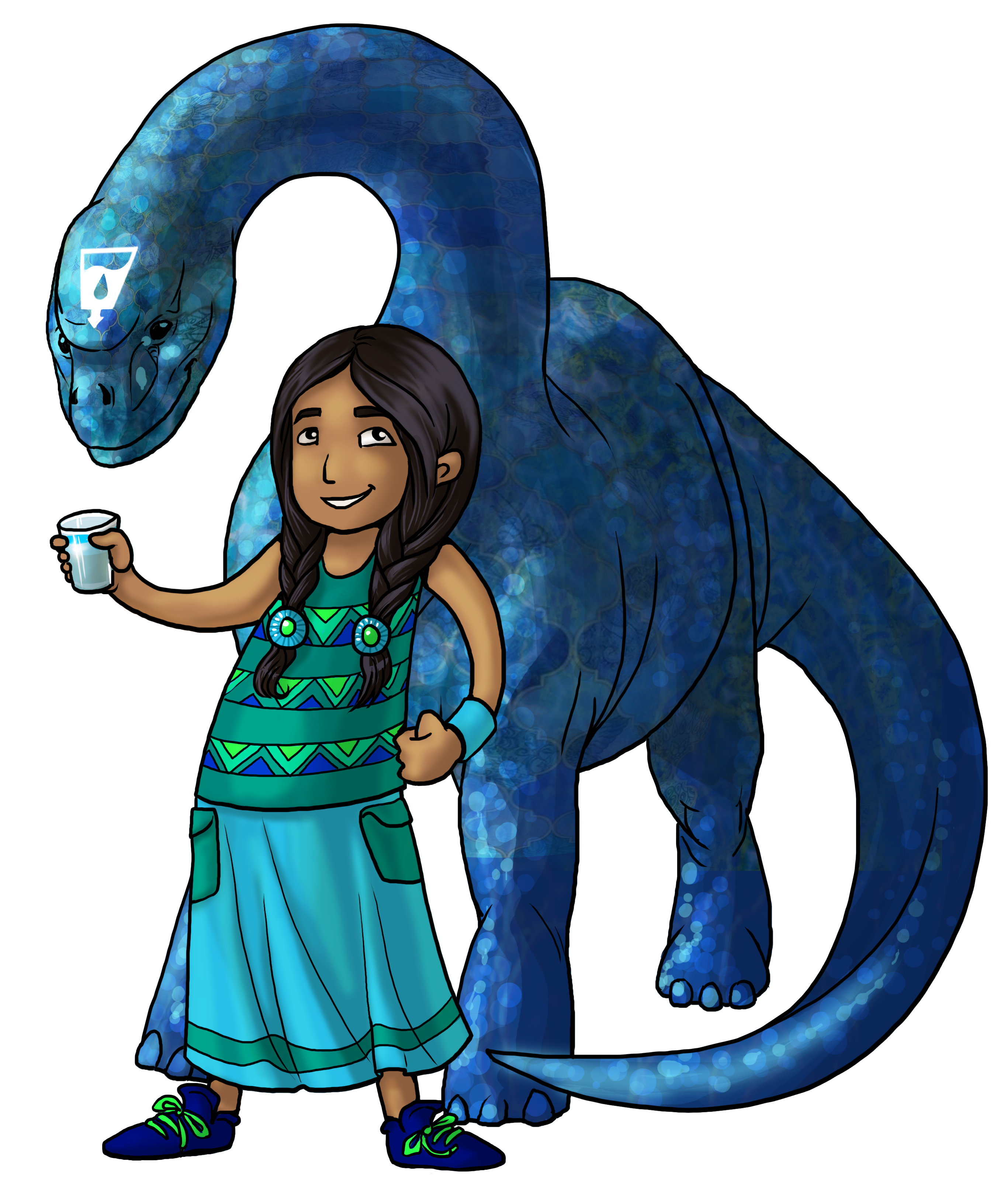 Illustration. A child is holding a glass of water. Behind is a dinosaur.