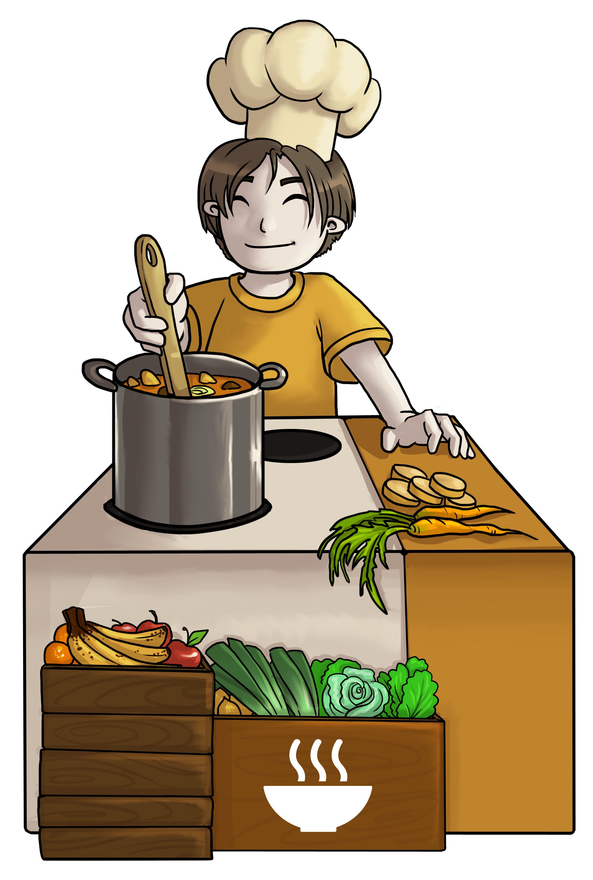 Illustration. A child is cooking by a stove.