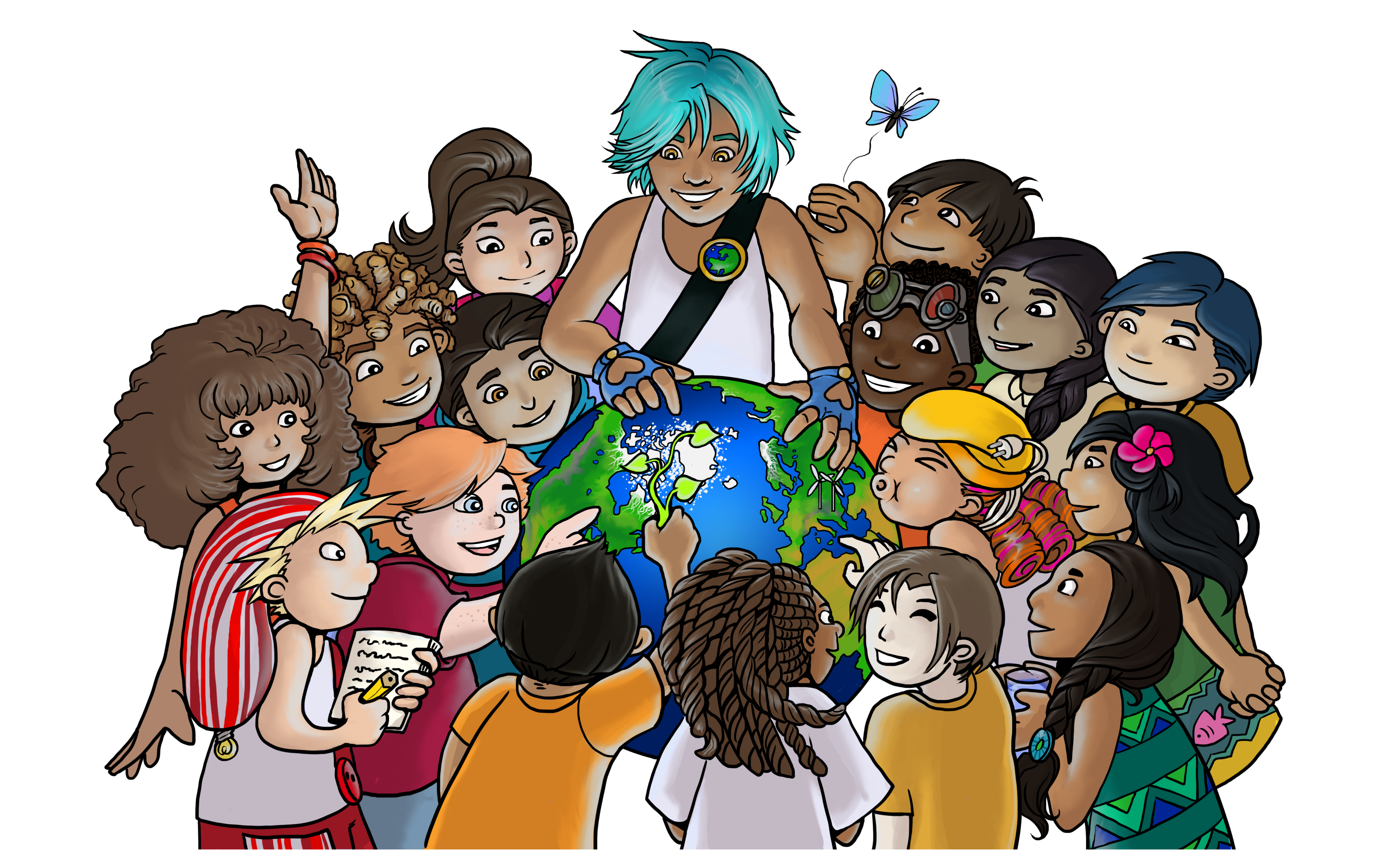 Illustration. Children are standing around a globe.